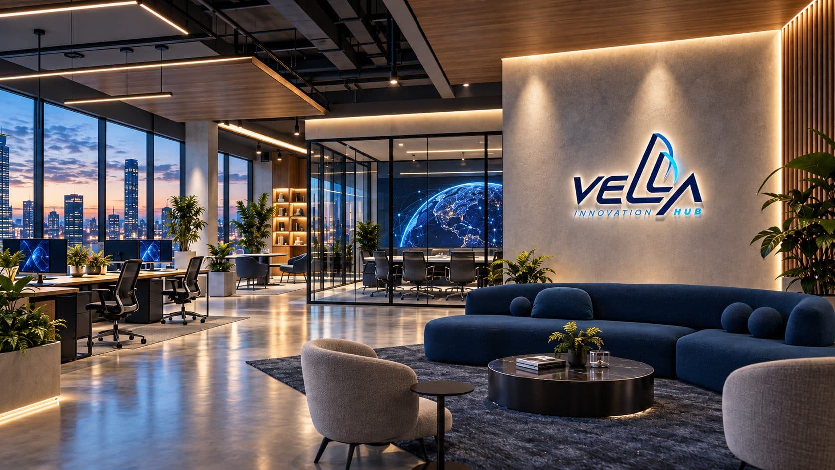 Lounge e estações de trabalho do escritório da Vellahub Innovation Hub