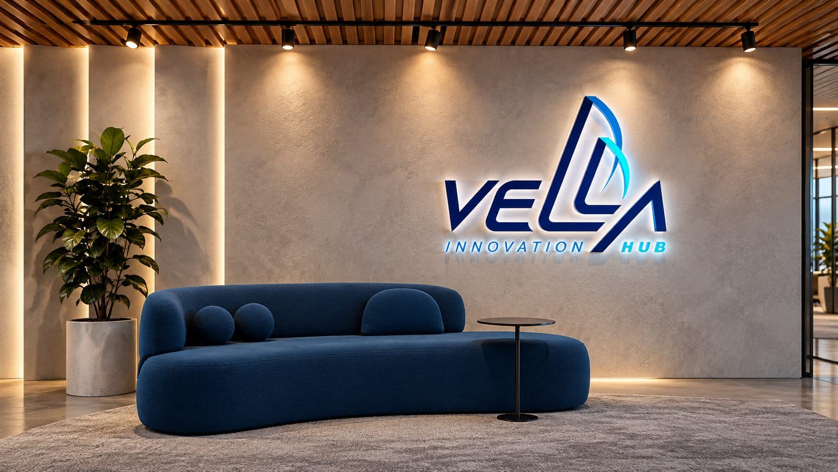 Recepção da Vellahub Innovation Hub com o logo iluminado na parede