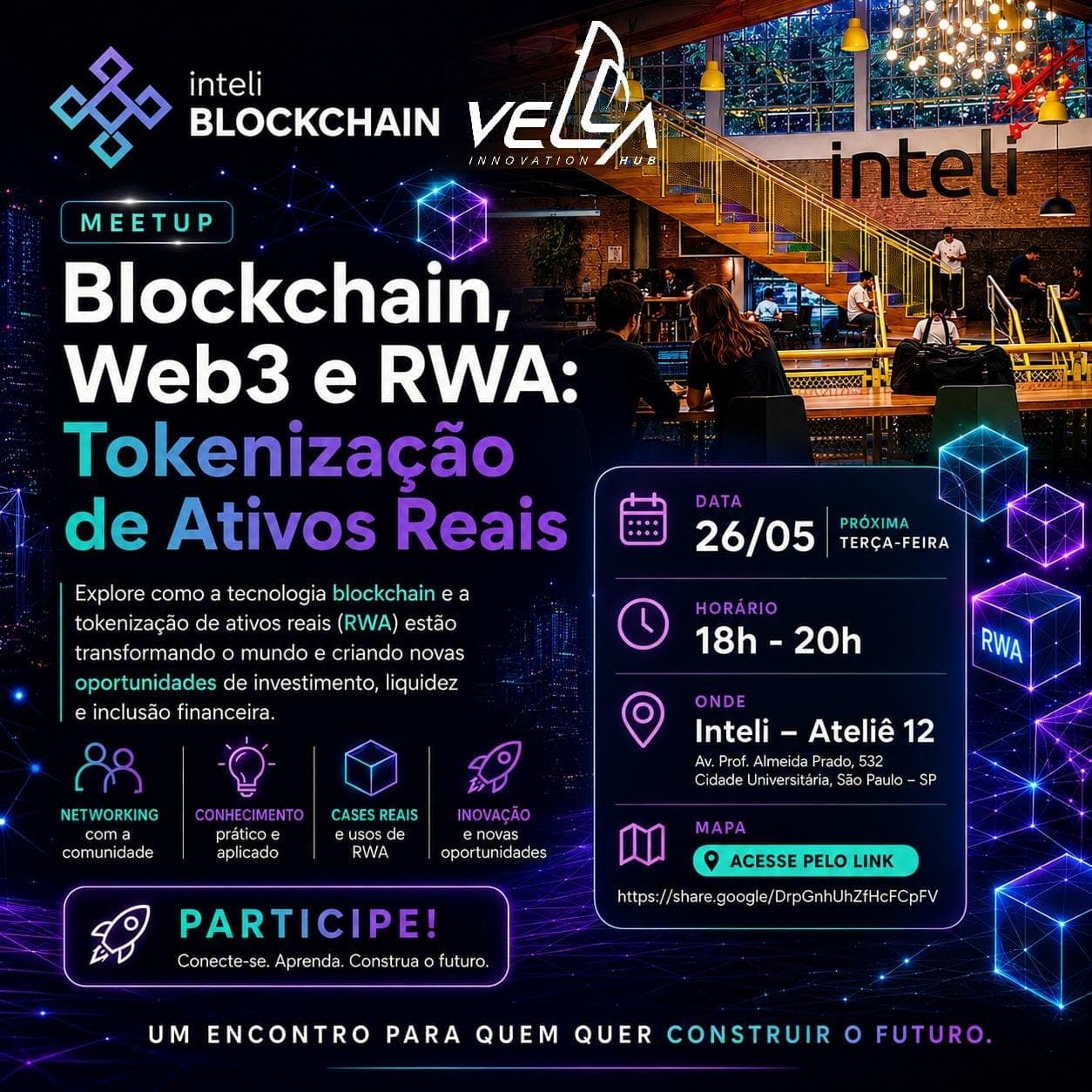 Cartaz do meetup "Blockchain, Web3 e RWA: Tokenização de Ativos Reais" no Inteli